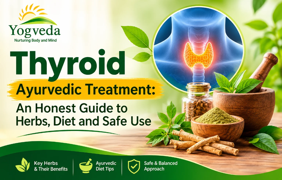 Ayurvedic herbs, a bowl of warm freshly cooked food and a thyroid blood test report on a kitchen table
