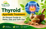 Ayurvedic herbs, a bowl of warm freshly cooked food and a thyroid blood test report on a kitchen table